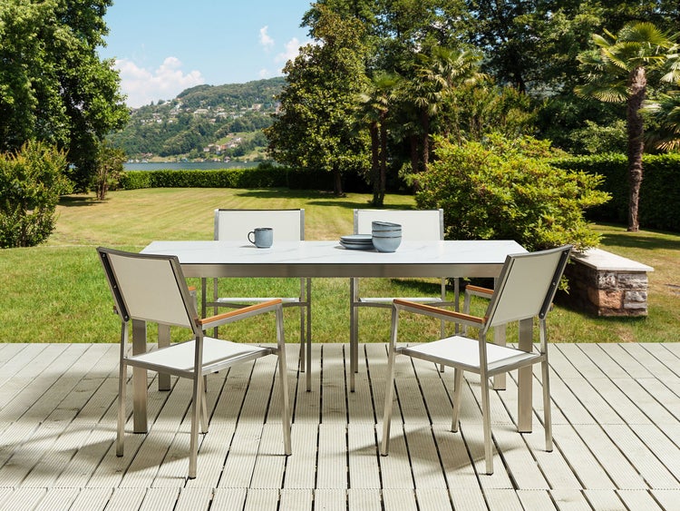 Gartenmöbel Set 4-Sitzer COSOLETO/GROSSETO Sicherheitsglas Marmor Optik Weißer Marmor