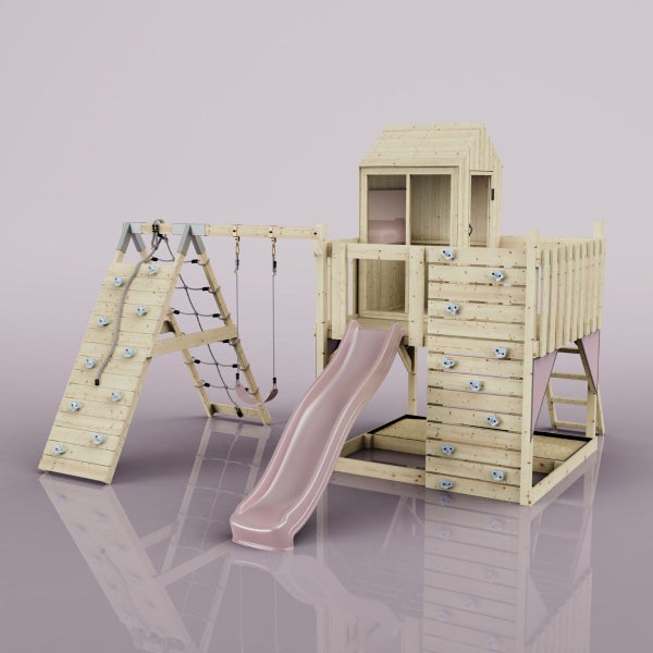 OutdoorToys Spielturm Ida aus Holz in Rosa Kinderschaukel