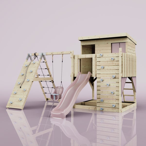 Spielturm aus Holz mit Rutsche, Schaukel, Kletterwand, Kletternetz und integriertem Spielhaus.