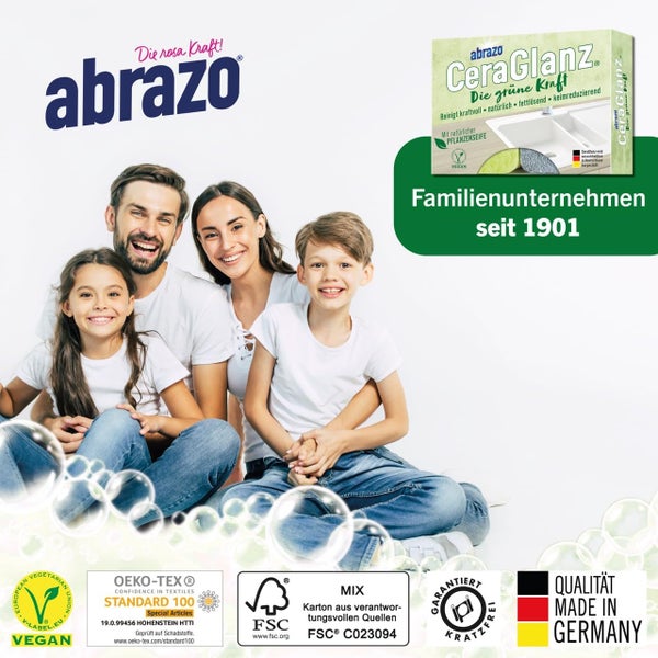 abrazo Logo, glückliche Familie, CeraGlanz Reinigungsschwamm, vegan, schadstoffgeprüft, nachhaltig, kratzfrei, Made in Germany, seit 1901.