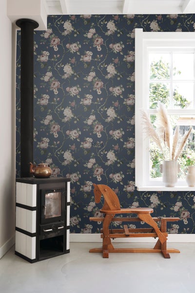 ESTAhome Tapete Blumenmuster Dunkelblau und Altrosa - 53 cm x 10.05 m - 139409