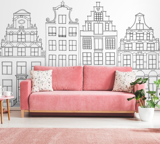 ESTAhome Fototapete gezeichnete Amsterdamer Grachtenhäuser Schwarz und Weiß - 300 x 279 cm - 159103