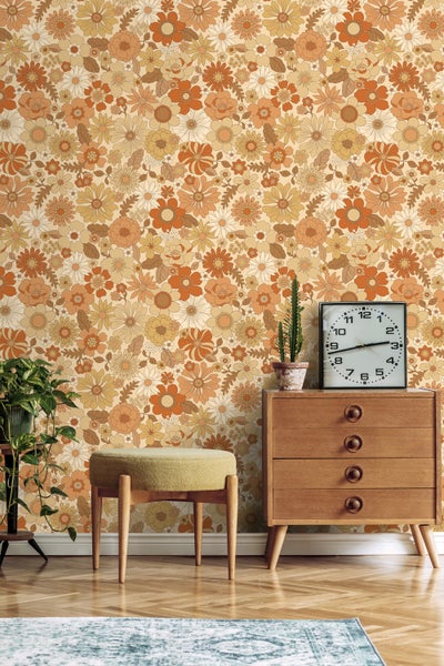 ESTAhome Tapete Retro Blumen Orange - 53 cm x 10.05 m - 130963