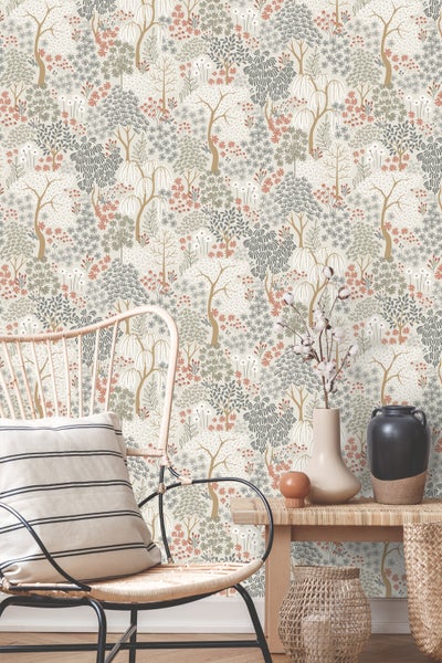 ESTAhome Tapete Bäumen und Blumen Graugrün und Terrakotta - 50 x 900 cm - 131187