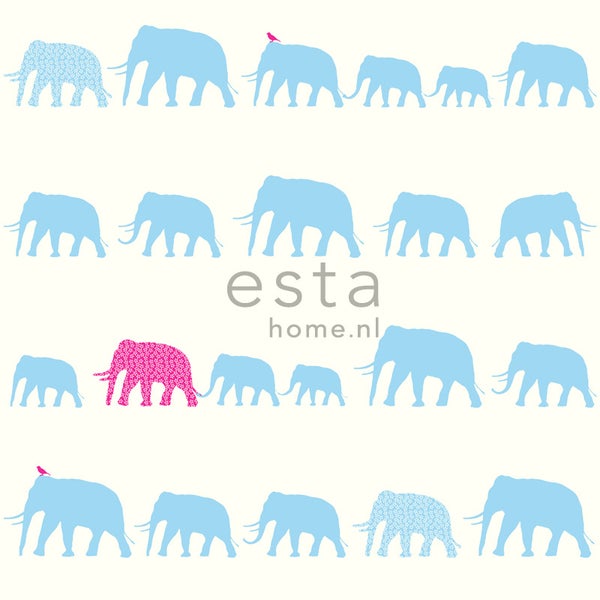 ESTAhome Tapete Elefanten Türkis und Rosa - 53 cm x 10.05 m - 137329