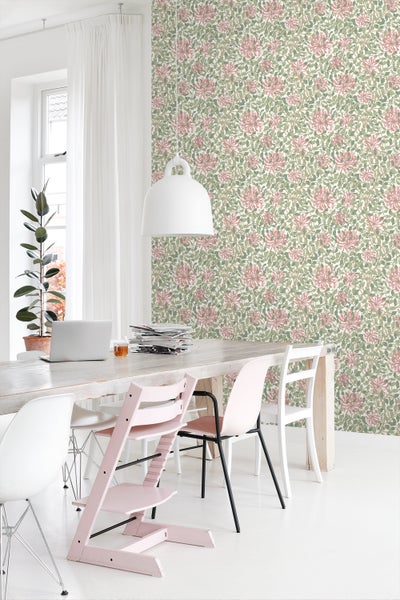 ESTAhome Tapete Blumen Grün und Rosa - 50 x 900 cm - 131029