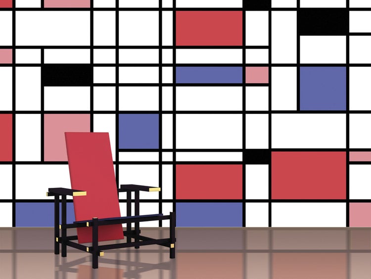 Einrichtungsbeispiel mit Stuhl und Wand im Stil von Mondrian