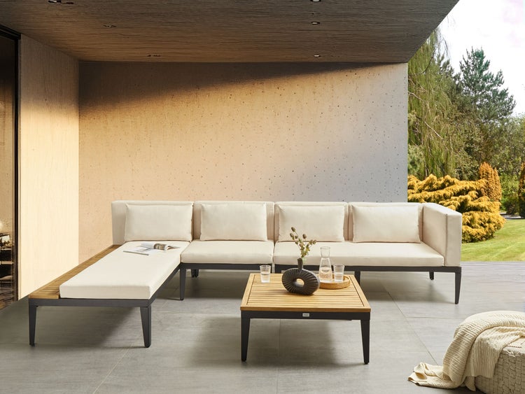 Garten Ecksofa mit Tisch 4-Sitzer BRACCIANO rechtsseitig zertifiziertes Akazienholz Hellbeige