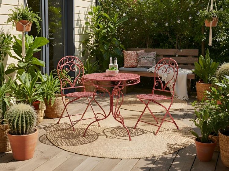 Gartenszene mit Tisch, Stühlen, Bank und Pflanzen für den Außenbereich