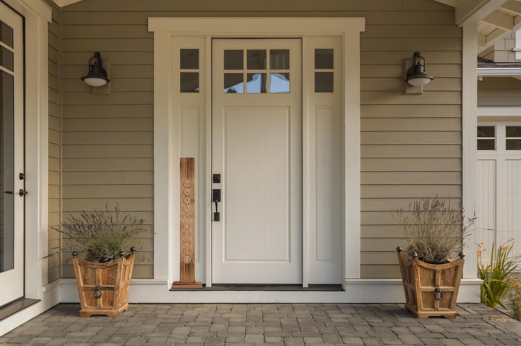 Eingangsbereich mit Haustür, Pflanzenkübeln und Aussenbeleuchtung.