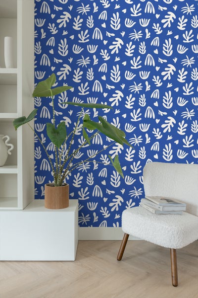 ESTAhome Tapete Pflanzen im Matisse-Stil Blau und Weiß - 50 x 900 cm - 131020