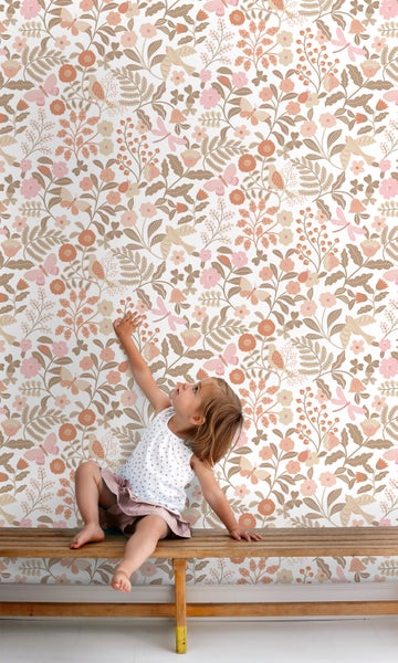 ESTAhome Tapete Blumen und Vögel Terrakotta, Taupe und Rosa - 53 cm x 10.05 m - 131391