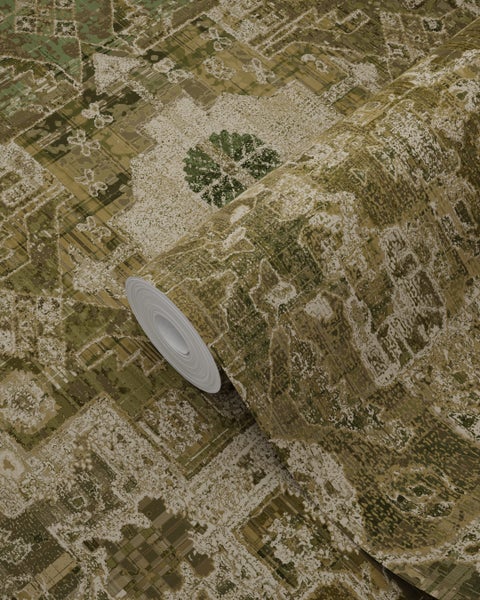 ESTAhome Tapete orientalisches Kelim-Patchwork Olivgrün - 50 x 900 cm - 131359