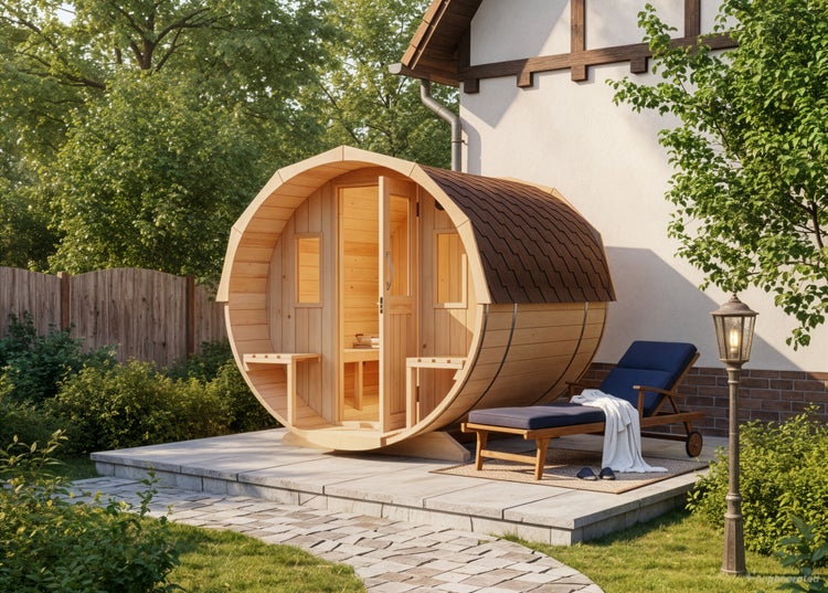 Fasssauna aus Holz für den Außenbereich auf einer Gartenterrasse mit Sonnenliege und beleuchtetem Innenraum.