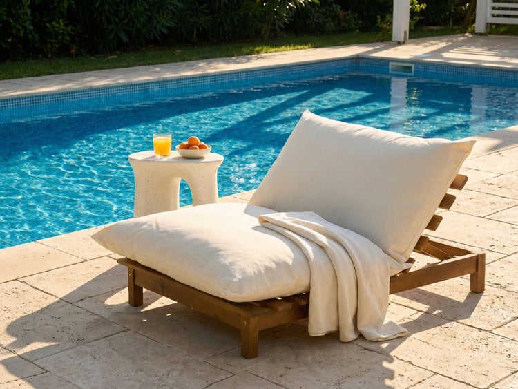 Gepolsterte Sonnenliege aus Holz neben einem Swimmingpool