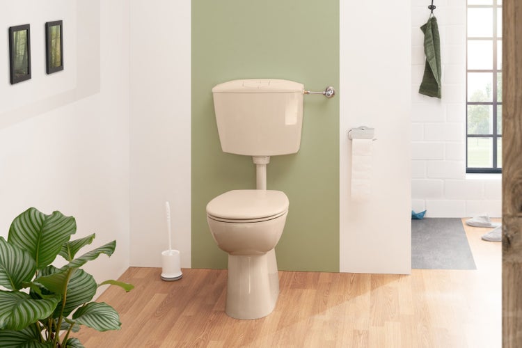Calmwaters® Stand WC spülrandlos Komplettset Elements Wellness mit Toilettendeckel, erhöhtes WC + 7 cm, abnehmbarer WC Sitz Absenkautomatik, Schnellbefestigung, Tiefspüler, Beige, 07AB5426
