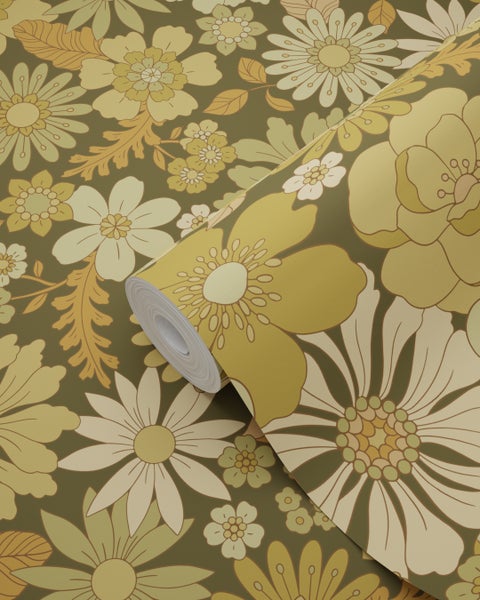 ESTAhome Tapete Retro Blumen Olivgrün - 50 x 900 cm - 130967