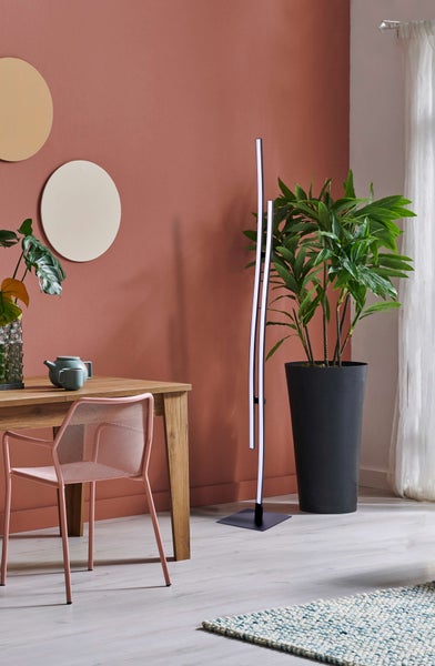 Esszimmer mit Holztisch, Stuhl, Stehlampe und Zimmerpflanze in einem Topf.