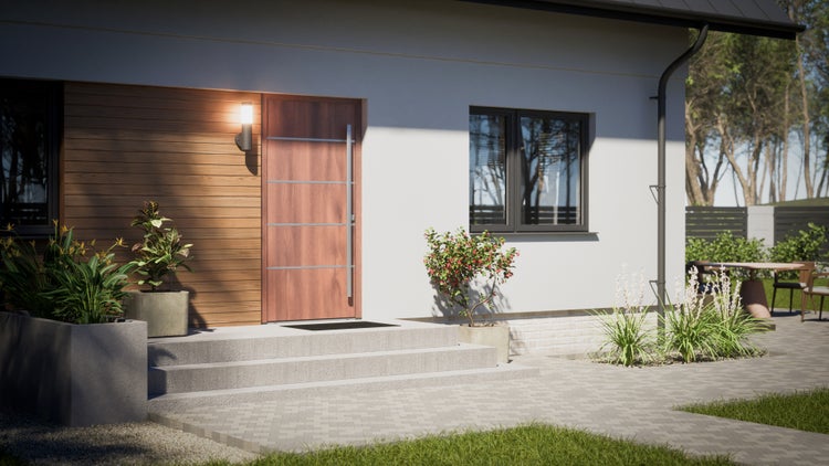 Modernes Haus mit Holztür, kleinem Fenster und gepflegtem Garten.