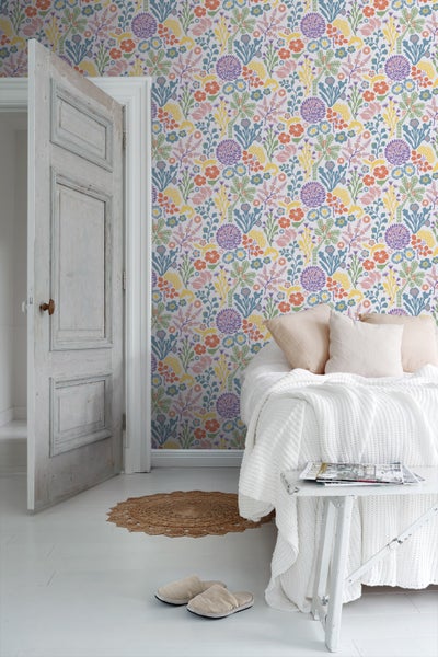 Borastapeter Tapete tropische Blätter und Blüten Lila, Gelb und Blau - 53 cm x 10.05 m - 660795