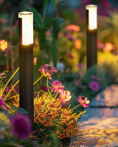 Moderne dunkle rechteckige Wegeleuchten beleuchten ein Gartenbeet mit rosa und gelben Blumen neben einem Pfad in der Dämmerung.