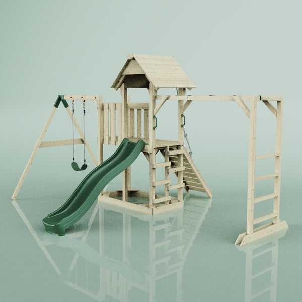 Spielplatz mit Schaukel, Rutsche, Spielturm und Klettergerüst für Kinder