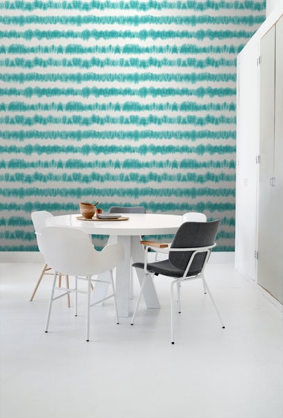 ESTAhome Tapete horizontale Tie-Dye Shibori Streifen Türkis und Weiß - 53 cm x 10.05 m - 148687