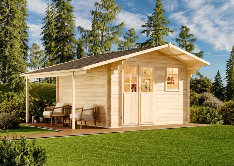 Alpholz Gartenhaus Franco Premium Gartenhaus aus Holz, Holzhaus mit 44 mm Wandstärke inklusive Schleppdach, Blockbohlenhaus mit Montagematerial, Naturbelassen 3,8x3,8m
