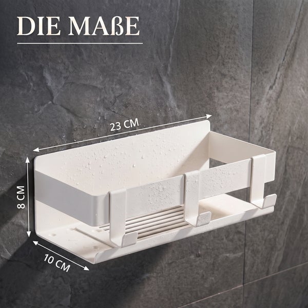 Weißes Badregal mit drei Haken, Maße: 23 Zentimeter Breite, 10 Zentimeter Tiefe und 8 Zentimeter Höhe.