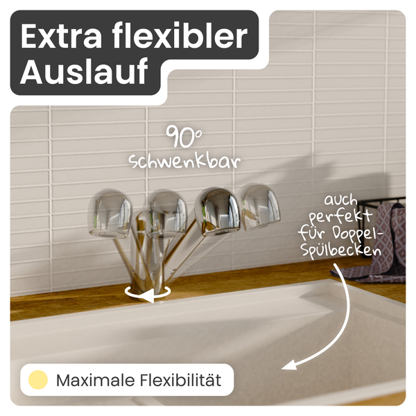 Küchenarmatur mit flexiblem Auslauf und einem Schwenkbereich von 90 Grad