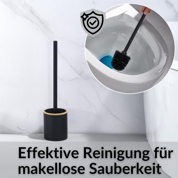 Toilettenbürstengarnitur mit Halter für die Reinigung. Detailansicht zeigt Anwendung der Bürste in der Toilette sowie Symbol für Sauberkeit.