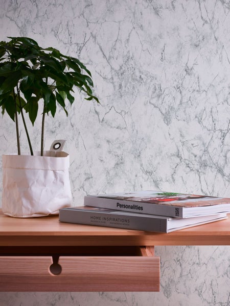Dekorative Zimmerpflanze auf einem Holztisch mit zwei Büchern vor einer Marmortapete