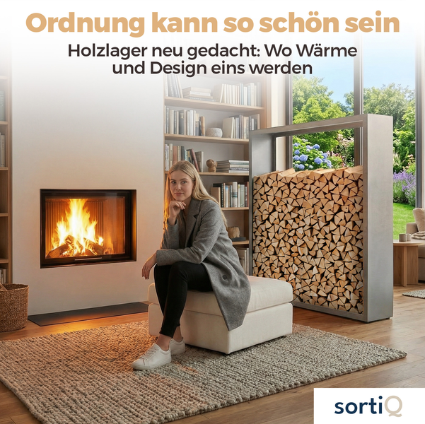 Modernes Kaminholzregal aus Metall mit Holzscheiten in einem hellen Wohnzimmer mit Kamin, Bücherregal und einer Frau auf einem Hocker, sortiQ Logo.