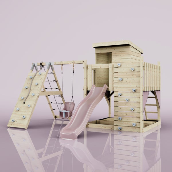 PolarPlay Spielturm Freja aus Holz in Rosa Babyschaukel