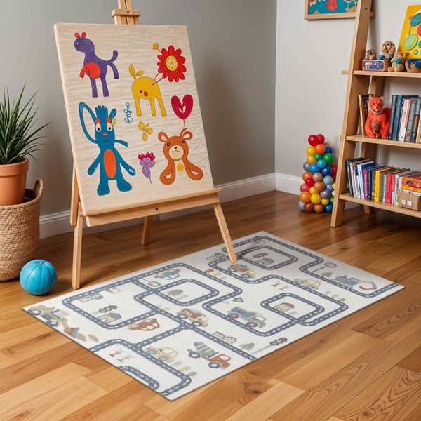 Maschinenwaschbarer Kinderteppich Auto-Rennstrecke Beige/Grau 120x170 cm VROOMVILLE