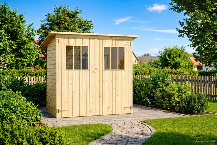 Gartenhaus aus Holz mit Pultdach und Doppeltür mit zwei Fenstern, aufgestellt in einem Garten auf einer gepflasterten Fläche.
