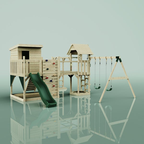 Spielplatz mit Rutsche, Kletterwand und Schaukel aus Holz