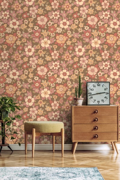 ESTAhome Tapete Retro Blumen Rot und Braun - 50 x 900 cm - 131530