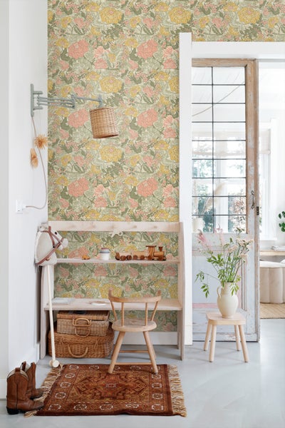ESTAhome Tapete Blumenmuster Graugrün, Rosa und Ockergelb - 50 x 900 cm - 131195