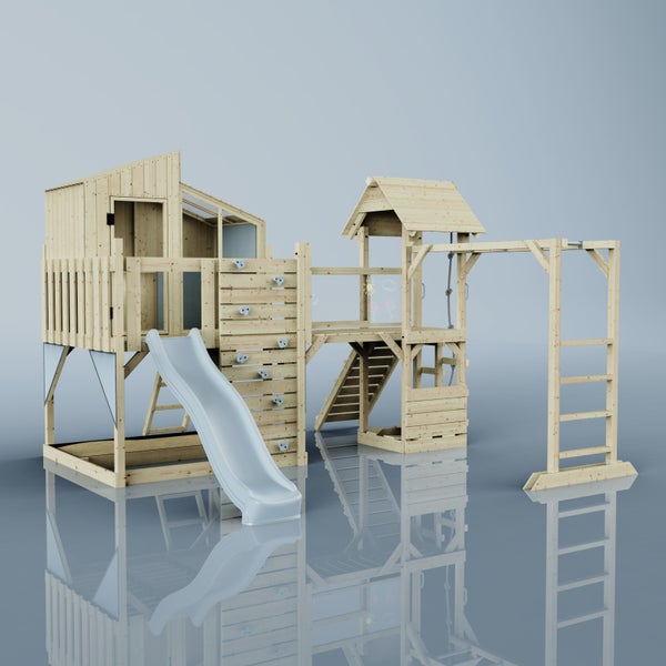 Holzspielplatz mit Rutsche, Kletterwand, Schaukel und Spielhaus