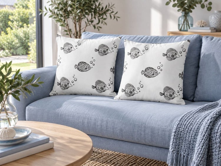 Zwei quadratische Dekokissen mit Fischmuster auf einem blauen Sofa in einem hellen Wohnzimmer.
