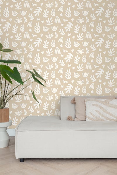 ESTAhome Tapete Pflanzen im Matisse-Stil Beige und Weiß - 50 x 900 cm - 131016
