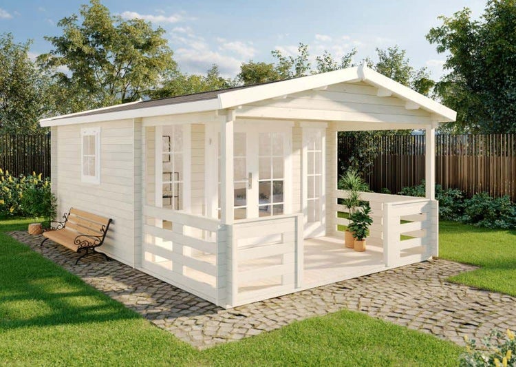 Alpholz Gartenhaus Lappland-40 A Gartenhaus aus Holz, Holzhaus mit 40 mm Wandstärke inklusive Terrasse, Blockbohlenhaus mit Montagematerial, Naturbelassen 3,8x5,7m