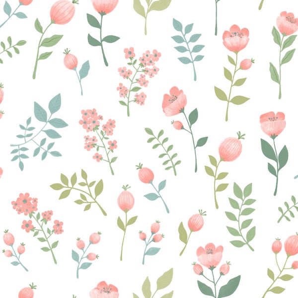 ESTAhome Tapete Blumen Rosa und Graugrün - 50 x 900 cm - 139977