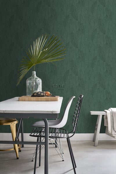 ESTAhome Tapete gezeichnete Blätter Dunkelgrün - 53 cm x 10.05 m - 139449