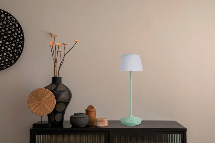 Solar-Akkutischleuchte EMMI  38 cm hoch, Schirm Ø 13 cm, Metall in Mint und weißer Kunststoff, für den Außenbereich, dimmbar CCT.