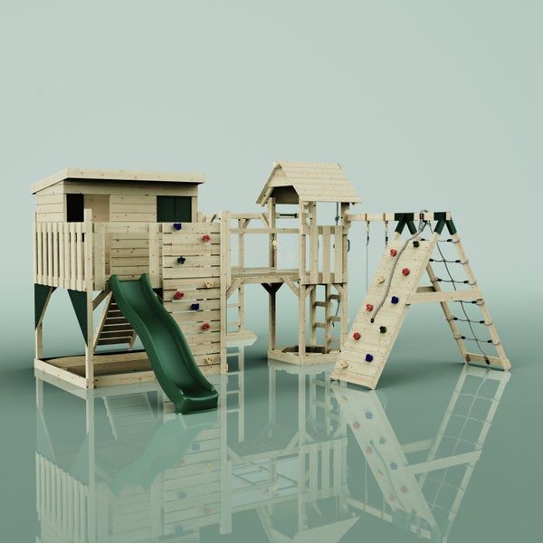 Spielplatz mit Rutsche, Kletterwand und Schaukel aus Holz