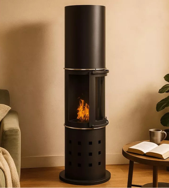 Dekorativer Ethanolkamin mit Flamme im Wohnzimmer