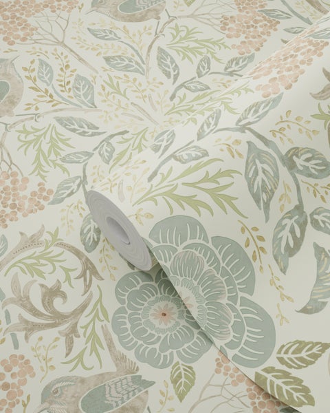 ESTAhome Tapete Blumen und Vögel im Jugendstil Graublau, Braun und Altrosa - 53 cm x 10.05 m - 139323