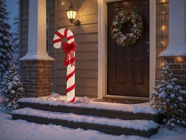 Beleuchtete rot-weiße Zuckerstange mit roter Schleife auf verschneiter Veranda. Weihnachtliche Szene mit Haustür, Kranz und verschneiten Bäumen.